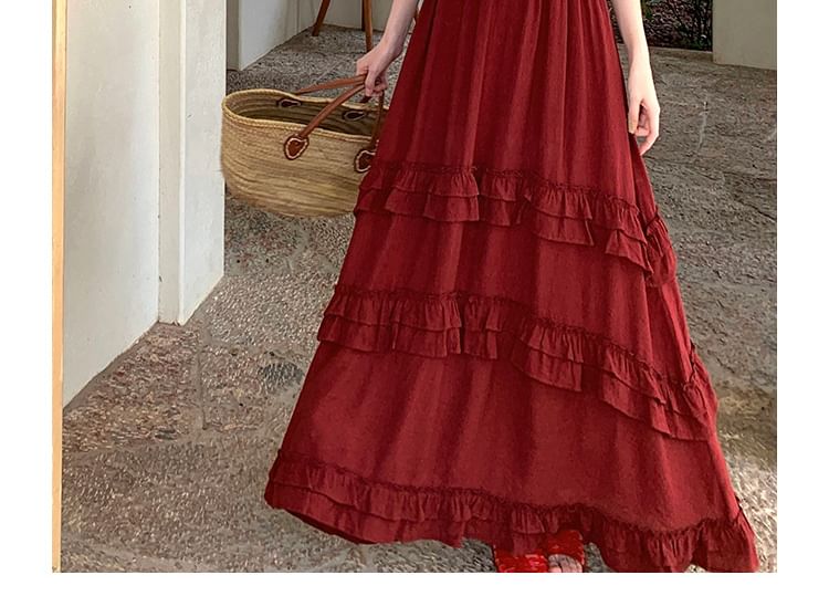 Black Spaghetti Strap V-Neck Ruffle Maxi Dress - Altfashion Shop