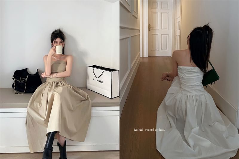 Black Strapless Ruched Maxi A-Line Dress - Altfashion Shop