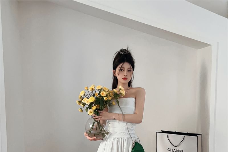 Black Strapless Ruched Maxi A-Line Dress - Altfashion Shop
