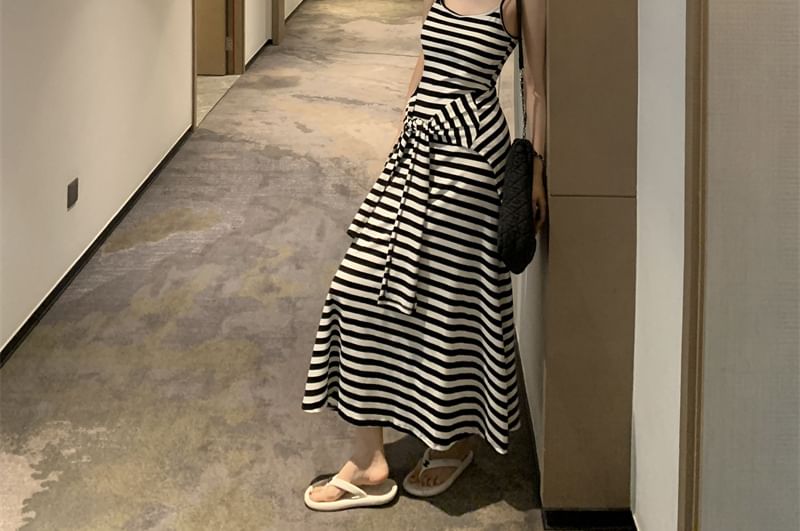 Striped V-Neck Spaghetti Strap Maxi A-Line Dress - Altfashion Shop