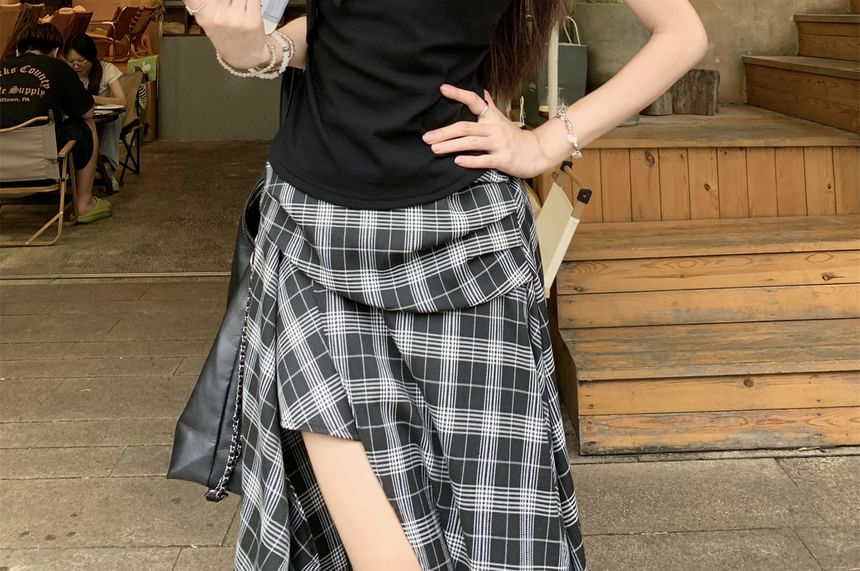 Tie Neck Sleeveless Top and Plaid Slit Maxi A-Line Skirt