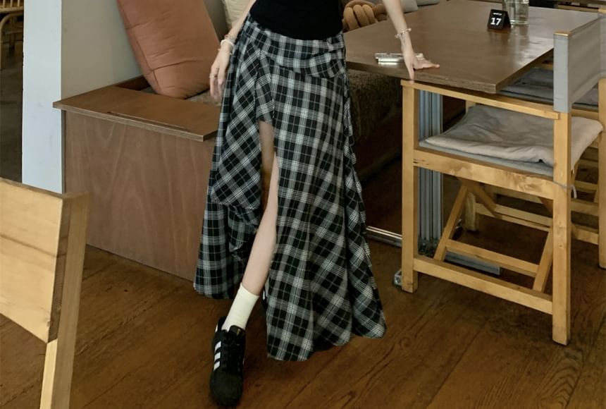 Tie Neck Sleeveless Top and Plaid Slit Maxi A-Line Skirt