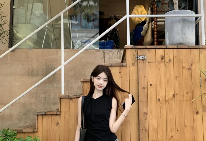 Tie Neck Sleeveless Top and Plaid Slit Maxi A-Line Skirt