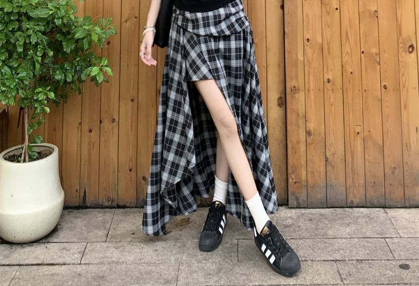 Tie Neck Sleeveless Top and Plaid Slit Maxi A-Line Skirt