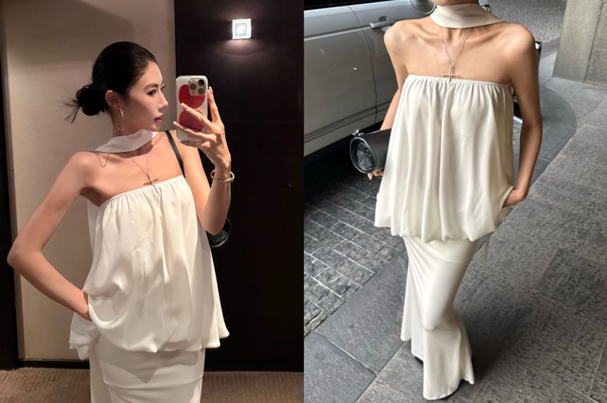 Bubble Tube Top and Fishtail Maxi Skirt with Strapless Design