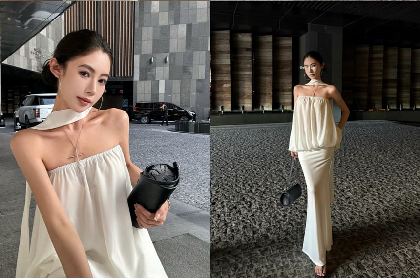 Bubble Tube Top and Fishtail Maxi Skirt with Strapless Design