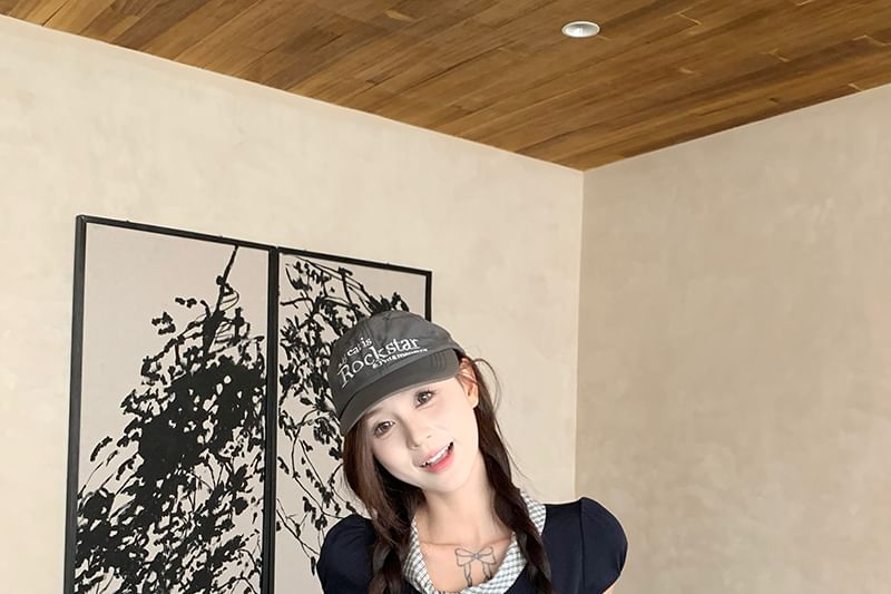 Plaid Bow V-Neck Short-Sleeved Blouse
