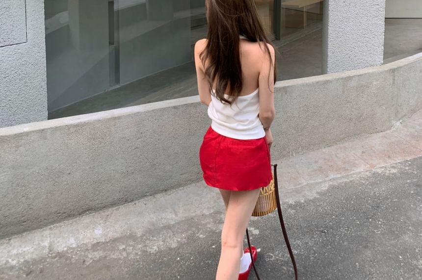 Halter V-Neck Tank Top and Mini A-Line Skirt