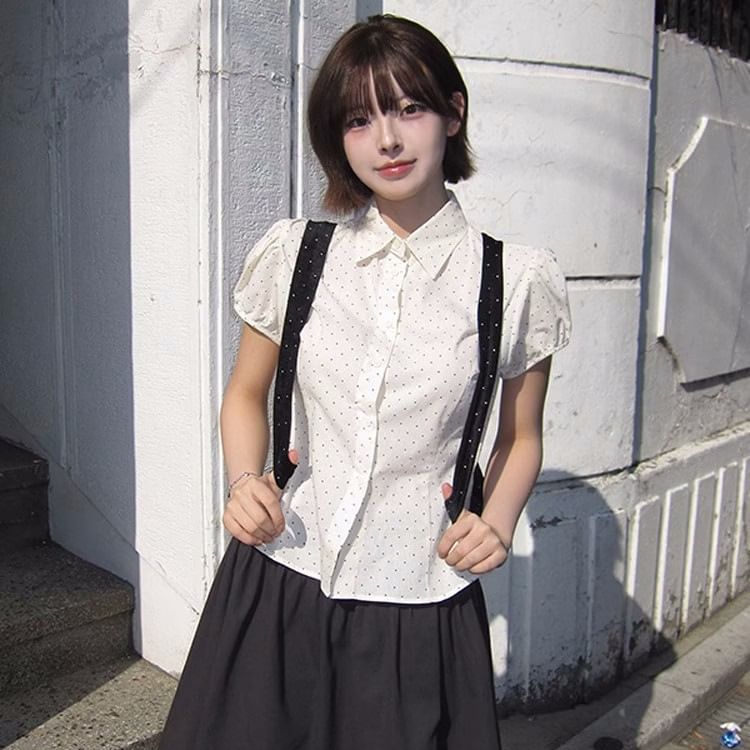 Puff Sleeve Collared Dotted Shirt and Mini Skirt