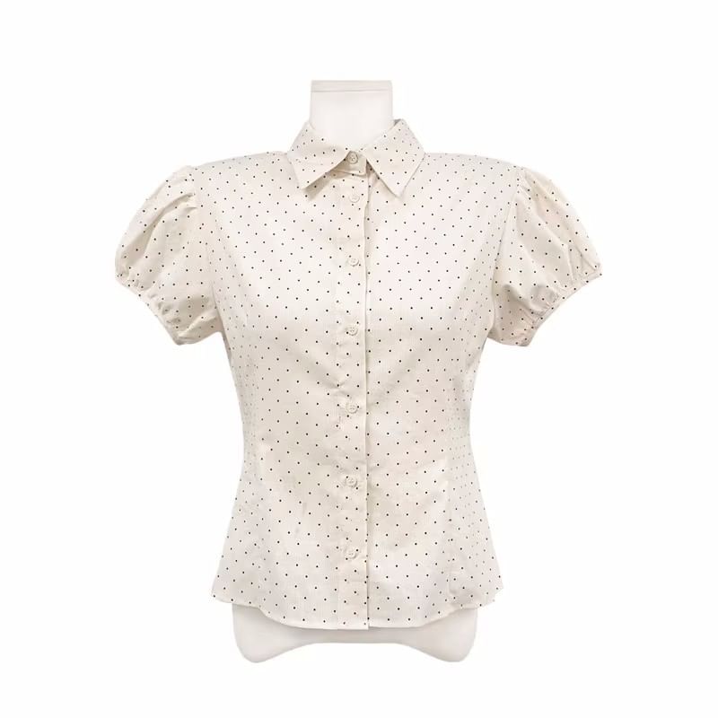 Puff Sleeve Collared Dotted Shirt and Mini Skirt