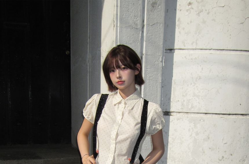 Puff Sleeve Collared Dotted Shirt and Mini Skirt