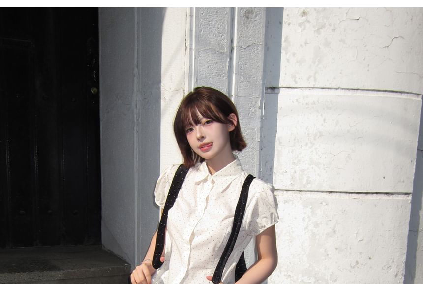 Puff Sleeve Collared Dotted Shirt and Mini Skirt