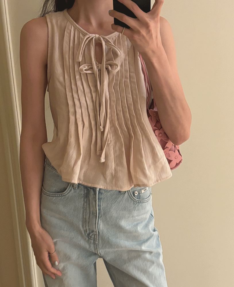 Plain Pleated Tie-Front Tank Blouse