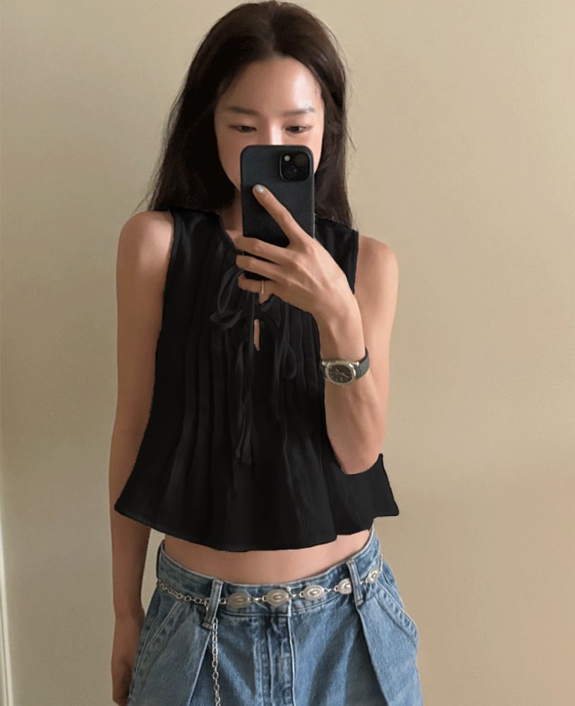 Plain Pleated Tie-Front Tank Blouse
