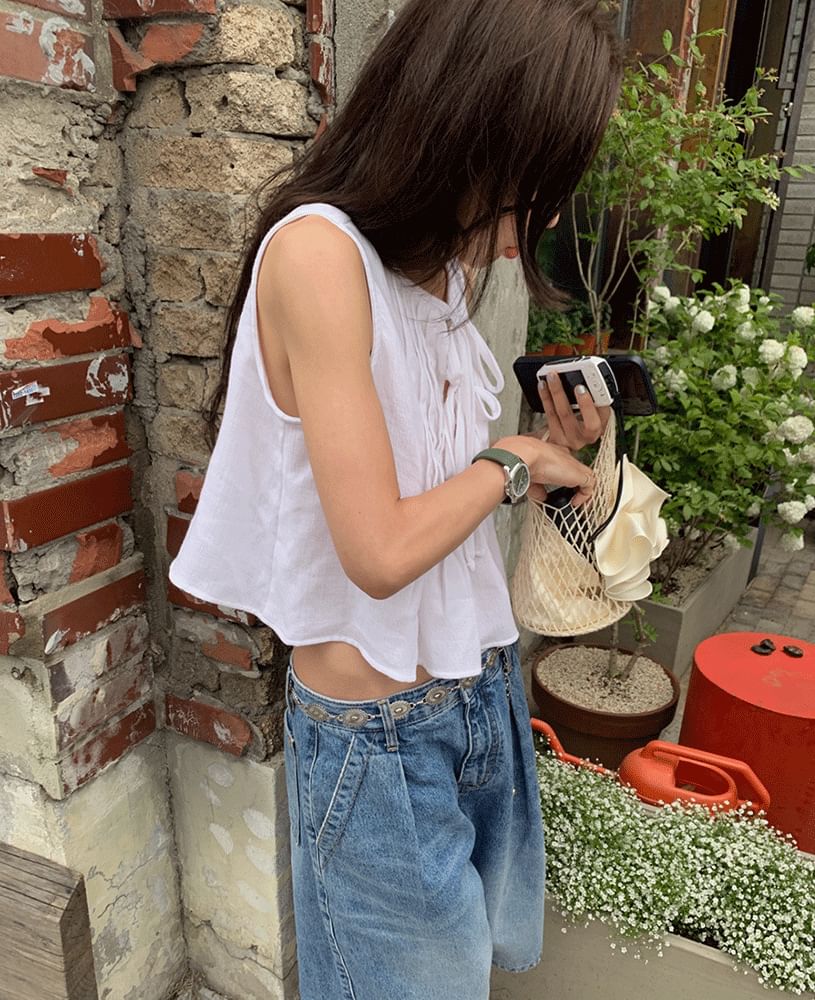 Plain Pleated Tie-Front Tank Blouse