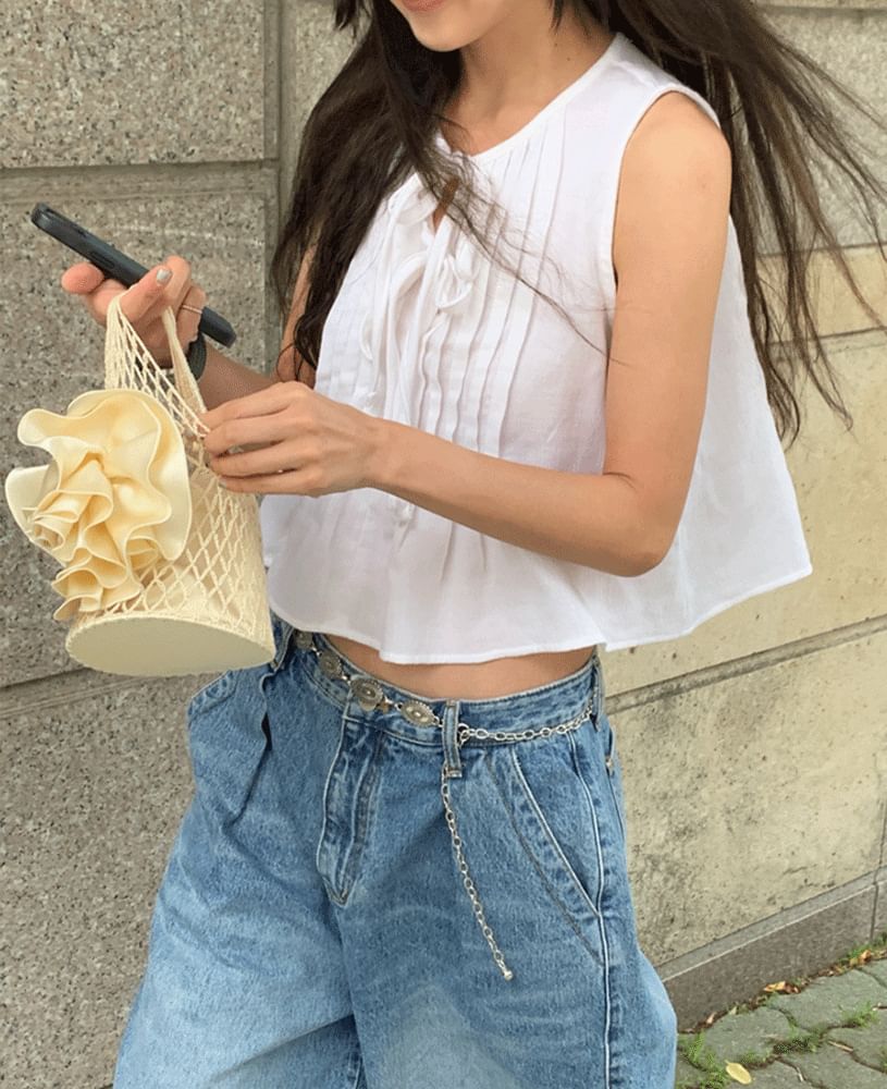 Plain Pleated Tie-Front Tank Blouse