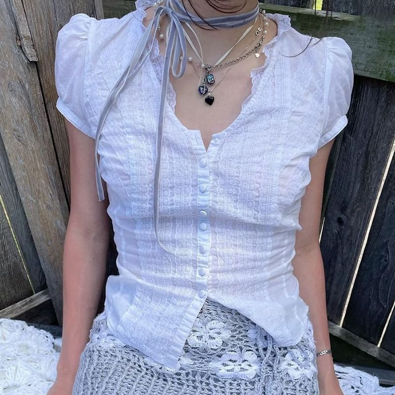 Plain Lace-Paneled Slim-Fit Short-Sleeved Blouse