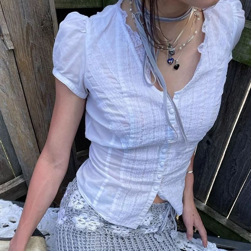 Plain Lace-Paneled Slim-Fit Short-Sleeved Blouse