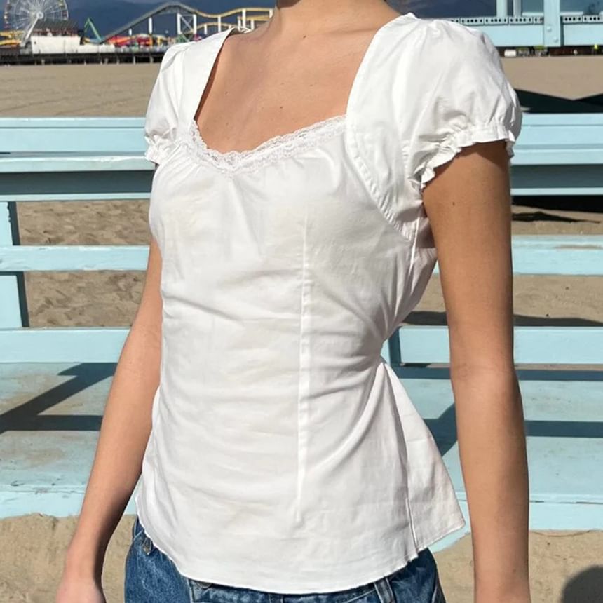 Plain Lace-Paneled Slim-Fit Short-Sleeved Blouse