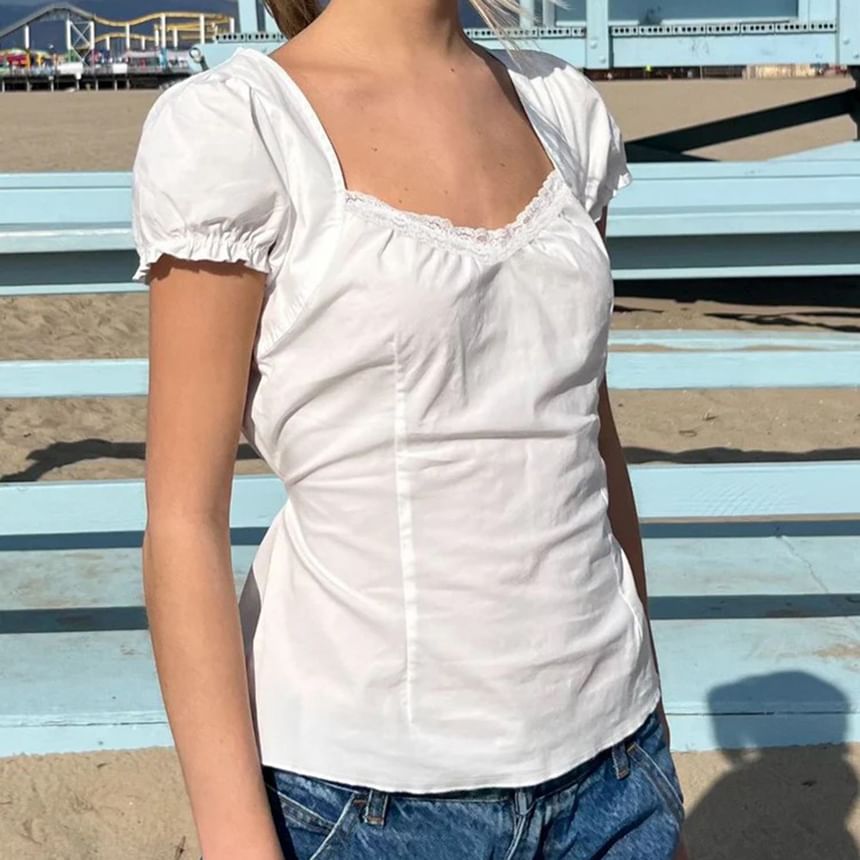 Plain Lace-Paneled Slim-Fit Short-Sleeved Blouse