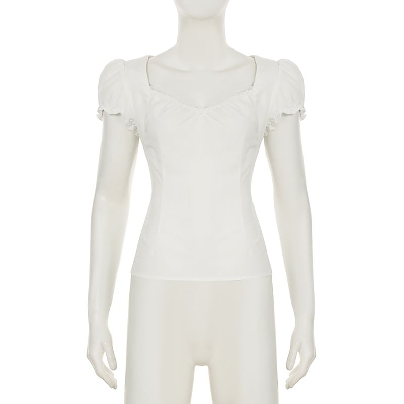 Plain Lace-Paneled Slim-Fit Short-Sleeved Blouse