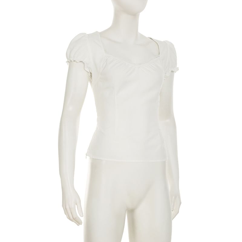 Plain Lace-Paneled Slim-Fit Short-Sleeved Blouse