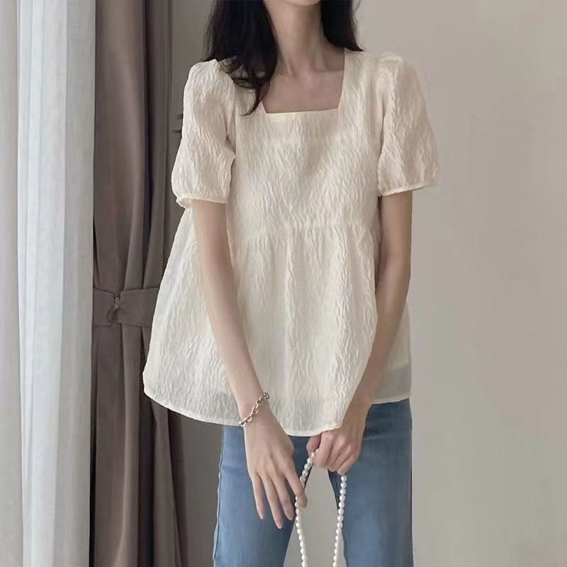 Square-Neck Plain Flowy Short-Sleeved Top
