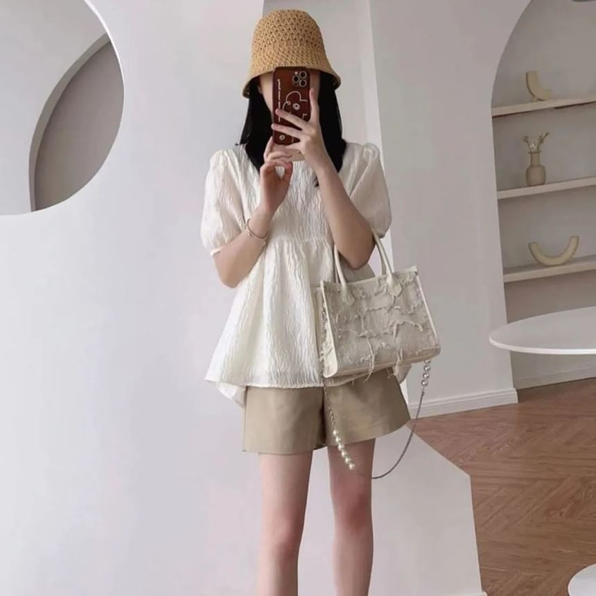 Square-Neck Plain Flowy Short-Sleeved Top