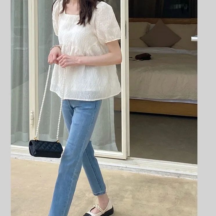 Square-Neck Plain Flowy Short-Sleeved Top
