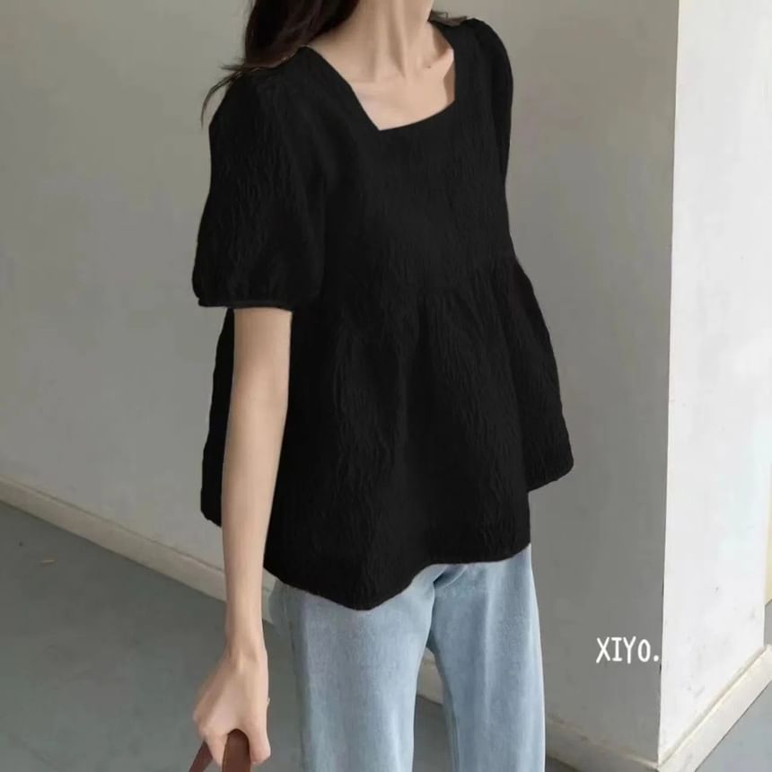 Square-Neck Plain Flowy Short-Sleeved Top