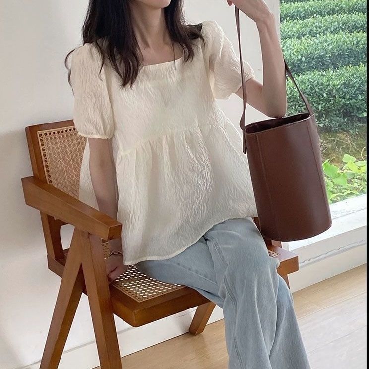 Square-Neck Plain Flowy Short-Sleeved Top