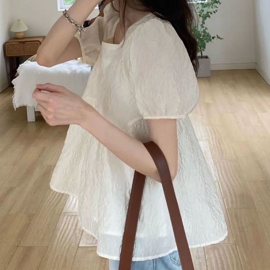Square-Neck Plain Flowy Short-Sleeved Top