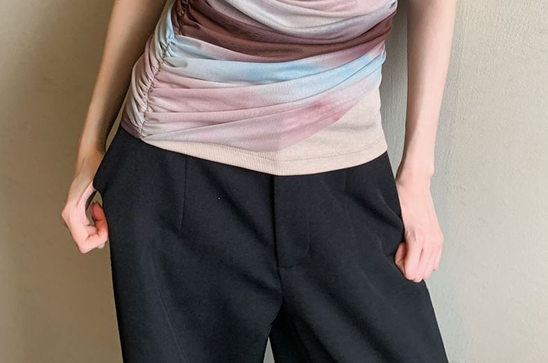 Cold-Shoulder Striped Gradient Ruched Short-Sleeved Top
