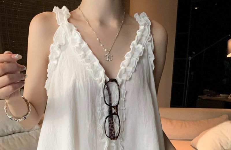 Flowy V-Neck Frill-Trimmed Plain Tank