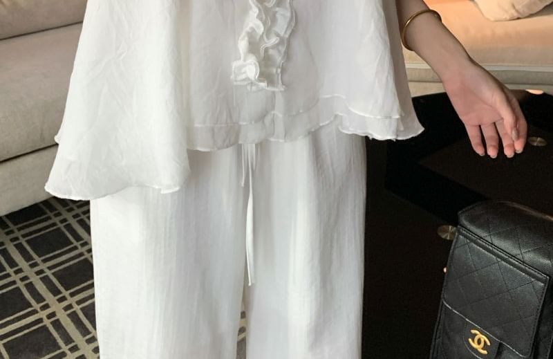 Flowy V-Neck Frill-Trimmed Plain Tank