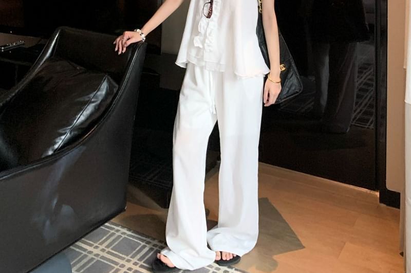 Flowy V-Neck Frill-Trimmed Plain Tank
