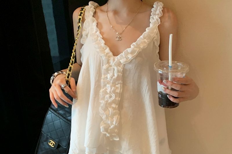 Flowy V-Neck Frill-Trimmed Plain Tank