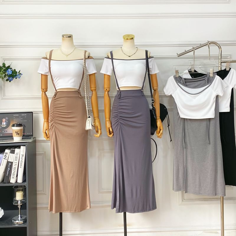 Off-Shoulder Crop Top and Slit Maxi Pencil Pinafore Skirt Set
