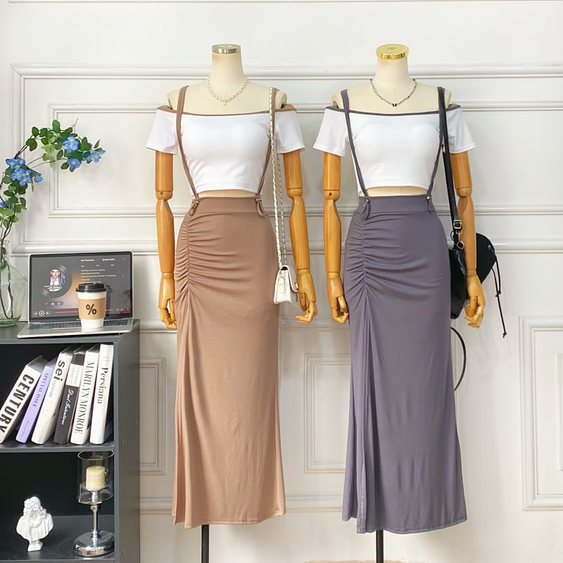 Off-Shoulder Crop Top and Slit Maxi Pencil Pinafore Skirt Set