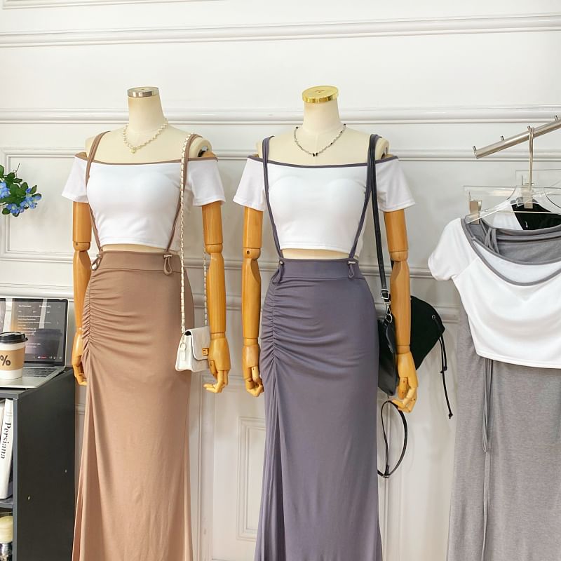 Off-Shoulder Crop Top and Slit Maxi Pencil Pinafore Skirt Set
