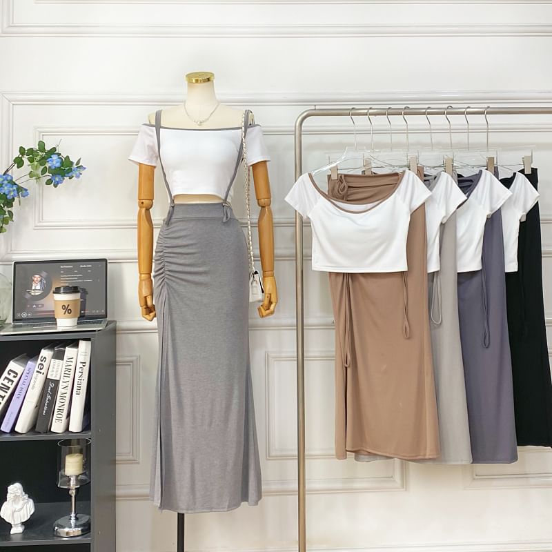 Off-Shoulder Crop Top and Slit Maxi Pencil Pinafore Skirt Set