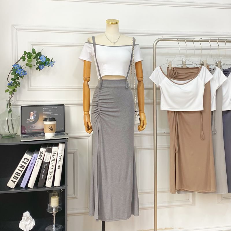 Off-Shoulder Crop Top and Slit Maxi Pencil Pinafore Skirt Set