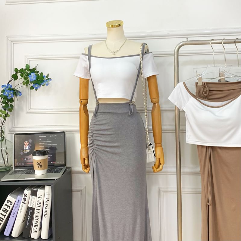Off-Shoulder Crop Top and Slit Maxi Pencil Pinafore Skirt Set