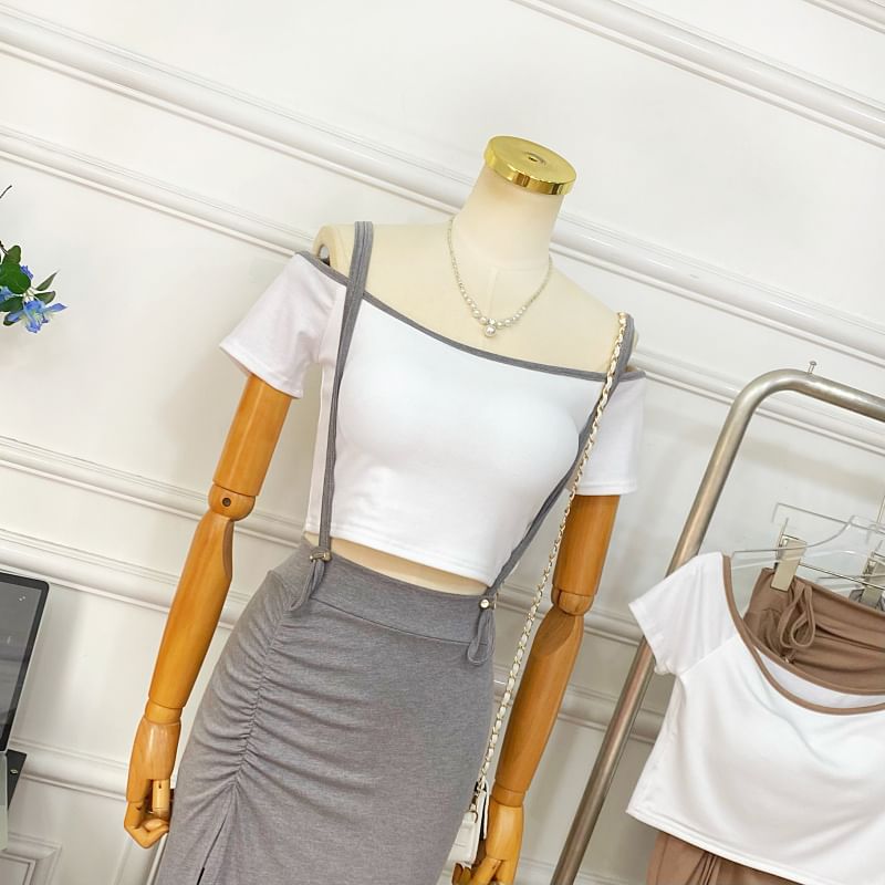 Off-Shoulder Crop Top and Slit Maxi Pencil Pinafore Skirt Set