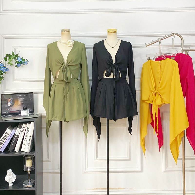 Set: Bell-Sleeved V-Neck Tie-Front Top + High-Waisted Shorts