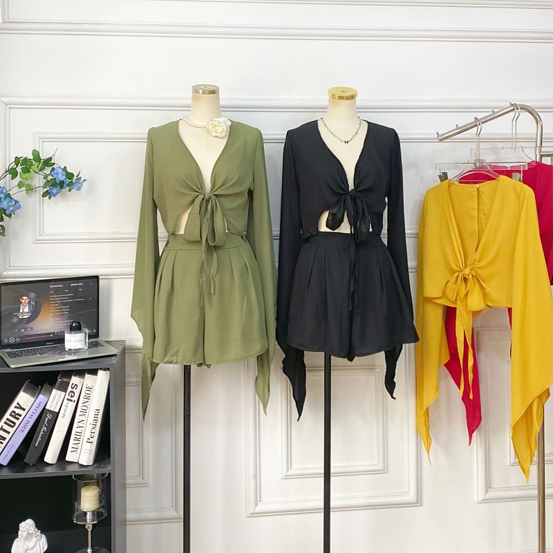 Set: Bell-Sleeved V-Neck Tie-Front Top + High-Waisted Shorts