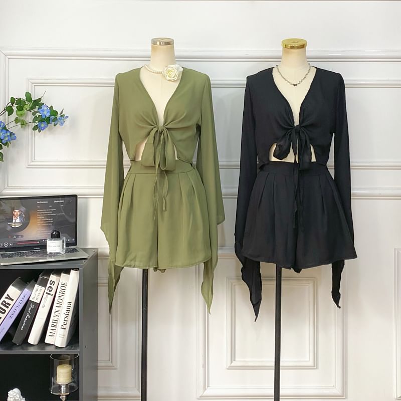 Set: Bell-Sleeved V-Neck Tie-Front Top + High-Waisted Shorts