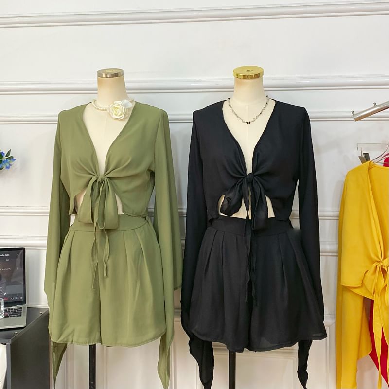 Set: Bell-Sleeved V-Neck Tie-Front Top + High-Waisted Shorts