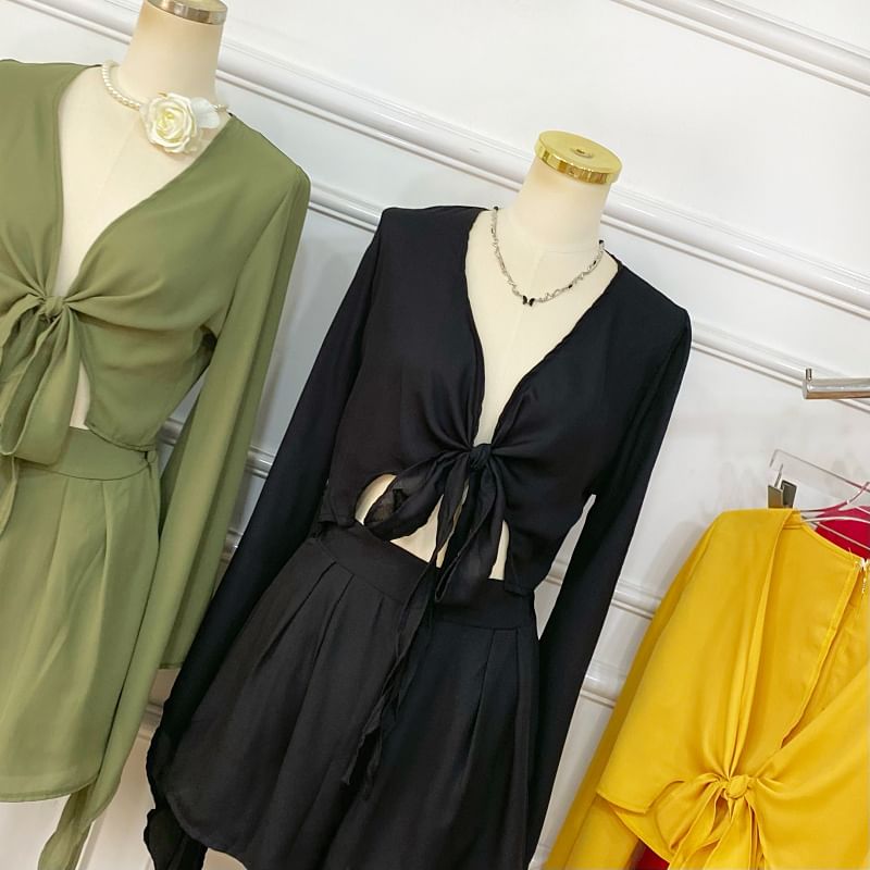 Set: Bell-Sleeved V-Neck Tie-Front Top + High-Waisted Shorts