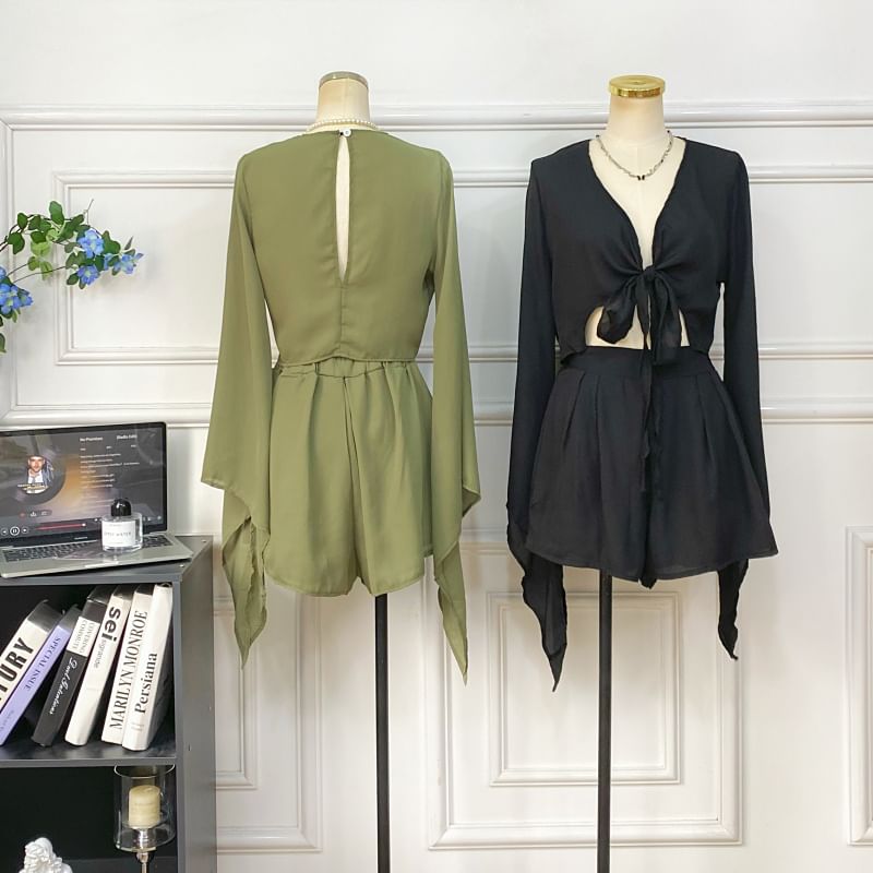 Set: Bell-Sleeved V-Neck Tie-Front Top + High-Waisted Shorts